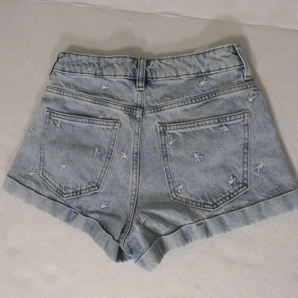PacSun Womens Shorts Denim Blue 24 Light Wash Embroidered Bunny Playboy Y2K - Picture 8 of 10